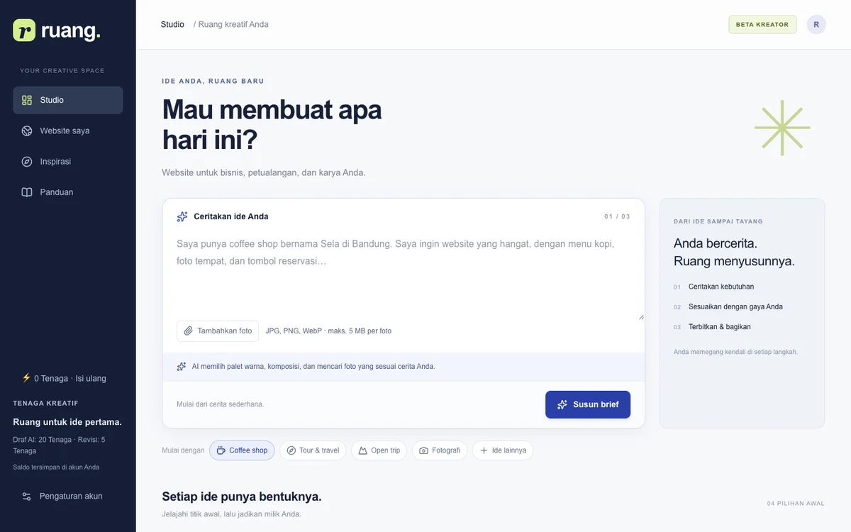 Public Ruang Web Studio interface with a website brief and publishing workflow